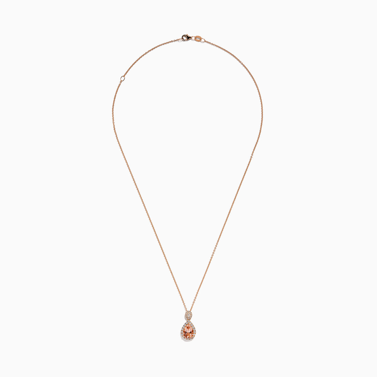 The Blush 14K Rose Gold Morganite and Diamond Teardrop Pendant showcases a teardrop morganite center, encircled by diamonds, with a round diamond cluster above, set against a white background.