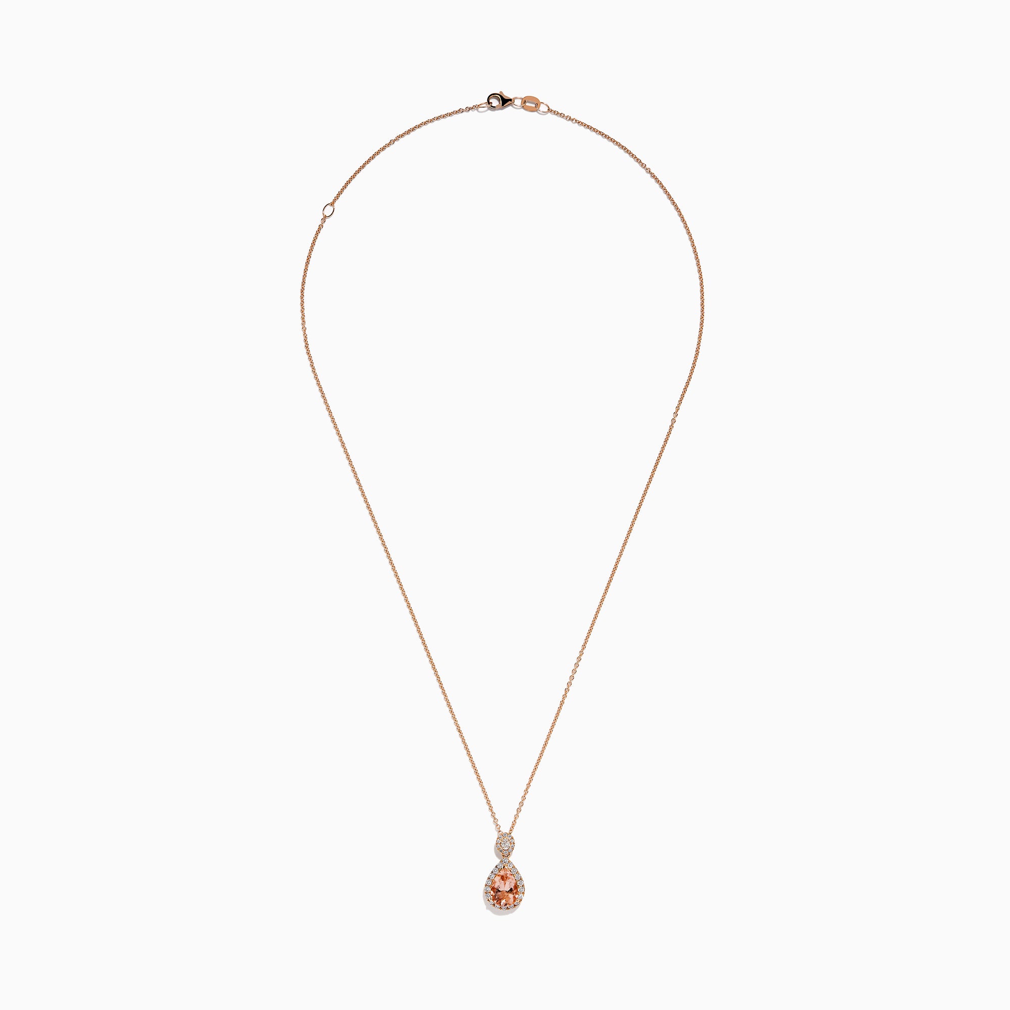 The Blush 14K Rose Gold Morganite and Diamond Teardrop Pendant showcases a teardrop morganite center, encircled by diamonds, with a round diamond cluster above, set against a white background.