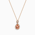 The Blush 14K Rose Gold Morganite and Diamond Teardrop Pendant showcases a teardrop morganite center, encircled by diamonds, with a round diamond cluster above, set against a white background.