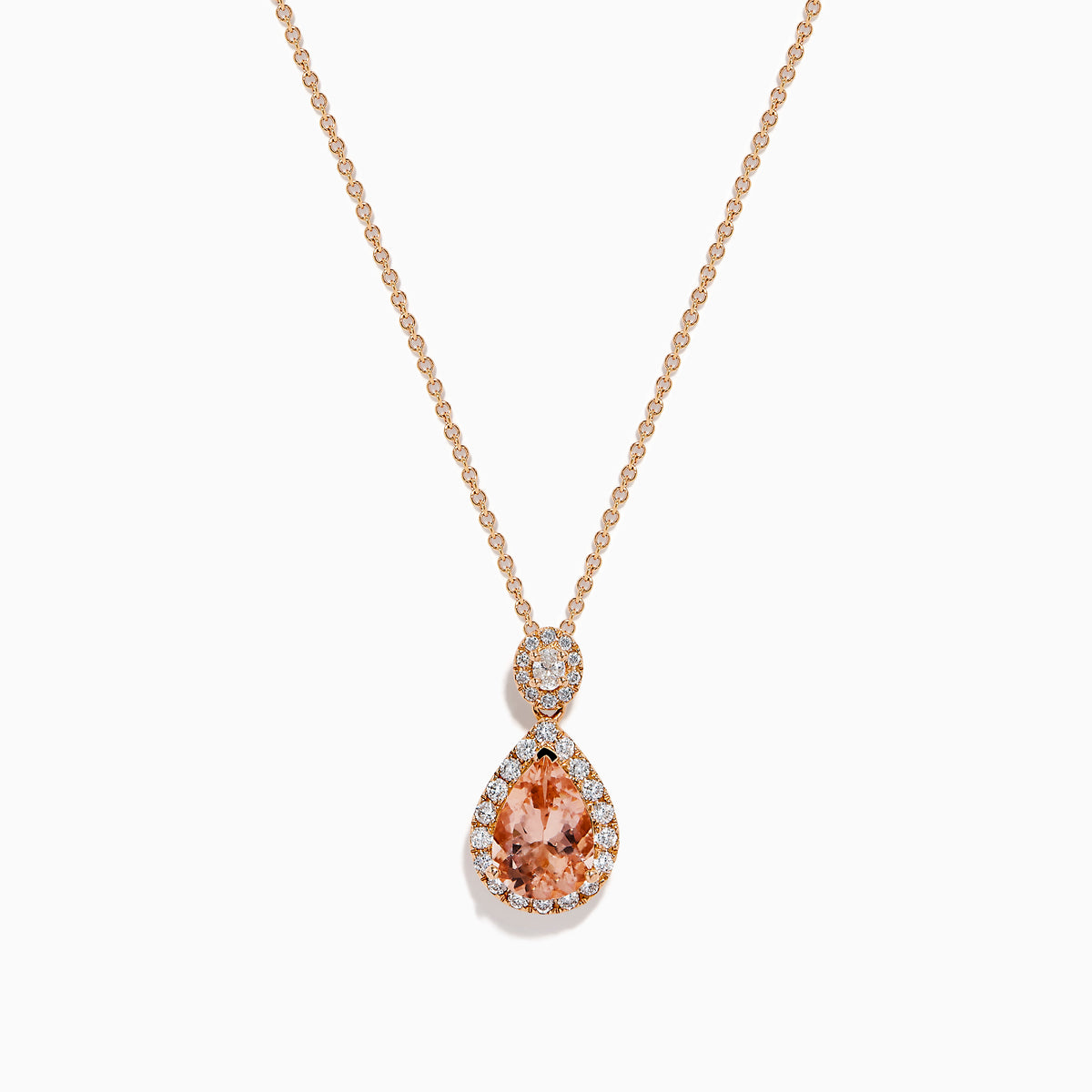 The Blush 14K Rose Gold Morganite and Diamond Teardrop Pendant showcases a teardrop morganite center, encircled by diamonds, with a round diamond cluster above, set against a white background.