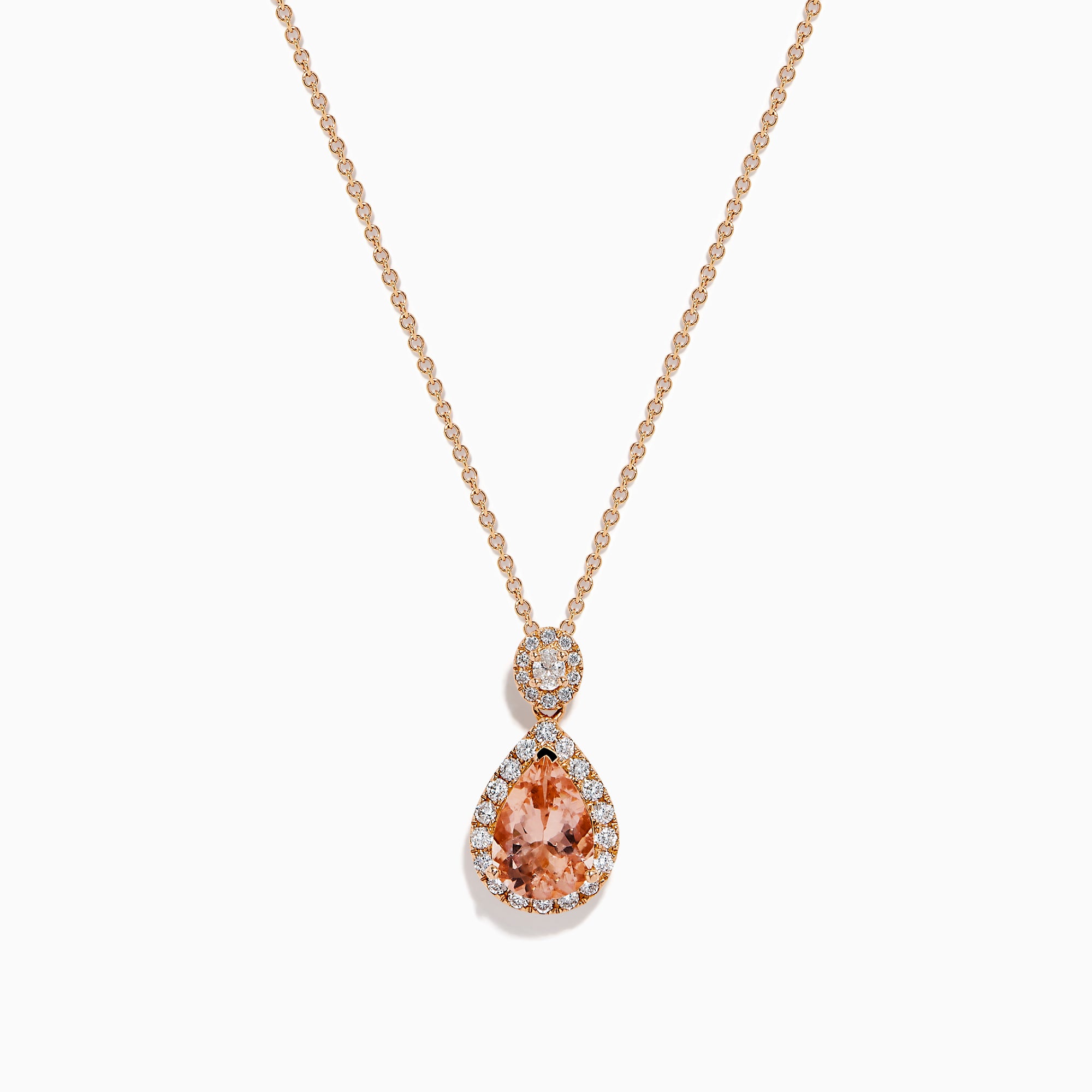 The Blush 14K Rose Gold Morganite and Diamond Teardrop Pendant showcases a teardrop morganite center, encircled by diamonds, with a round diamond cluster above, set against a white background.