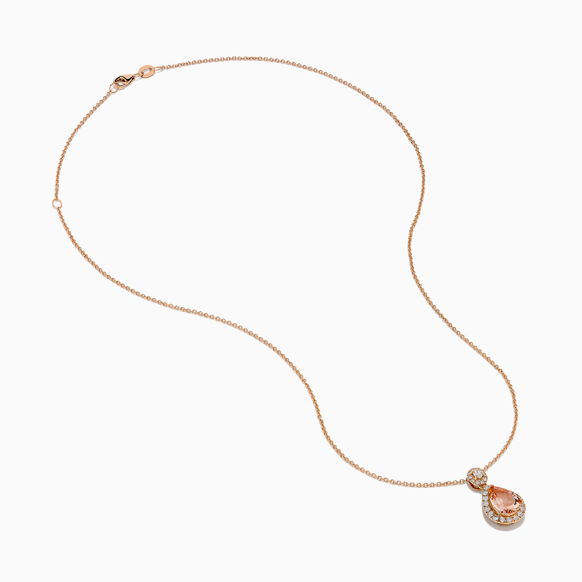 The Blush 14K Rose Gold Morganite and Diamond Teardrop Pendant showcases a teardrop morganite center, encircled by diamonds, with a round diamond cluster above, set against a white background.