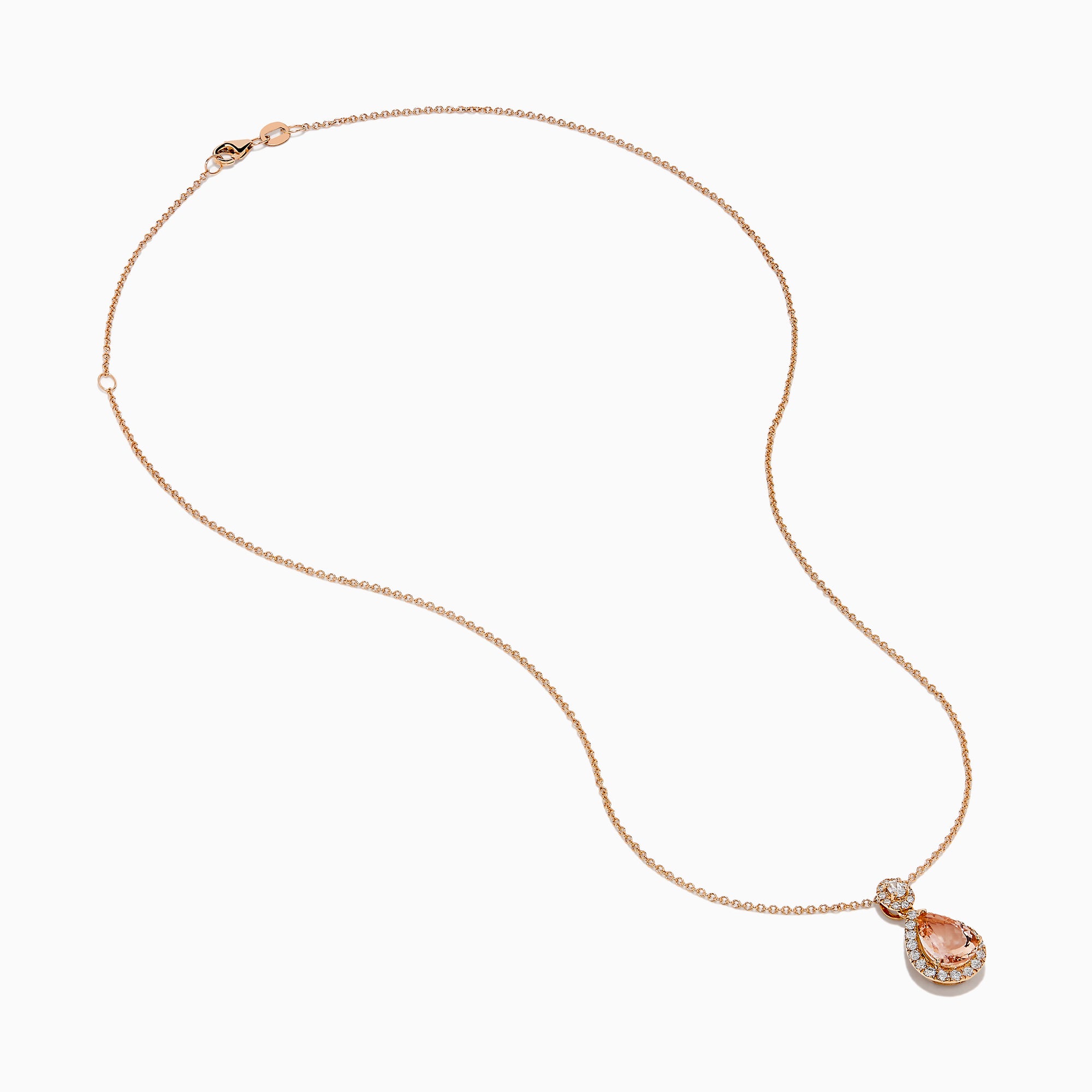 The Blush 14K Rose Gold Morganite and Diamond Teardrop Pendant showcases a teardrop morganite center, encircled by diamonds, with a round diamond cluster above, set against a white background.