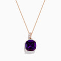 The 14K Rose Gold Amethyst and White Sapphire Pendant features a square-cut deep purple amethyst with three round white sapphires above the main gem, displayed on a white background.
