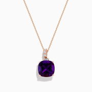 The 14K Rose Gold Amethyst and White Sapphire Pendant features a square-cut deep purple amethyst with three round white sapphires above the main gem, displayed on a white background.