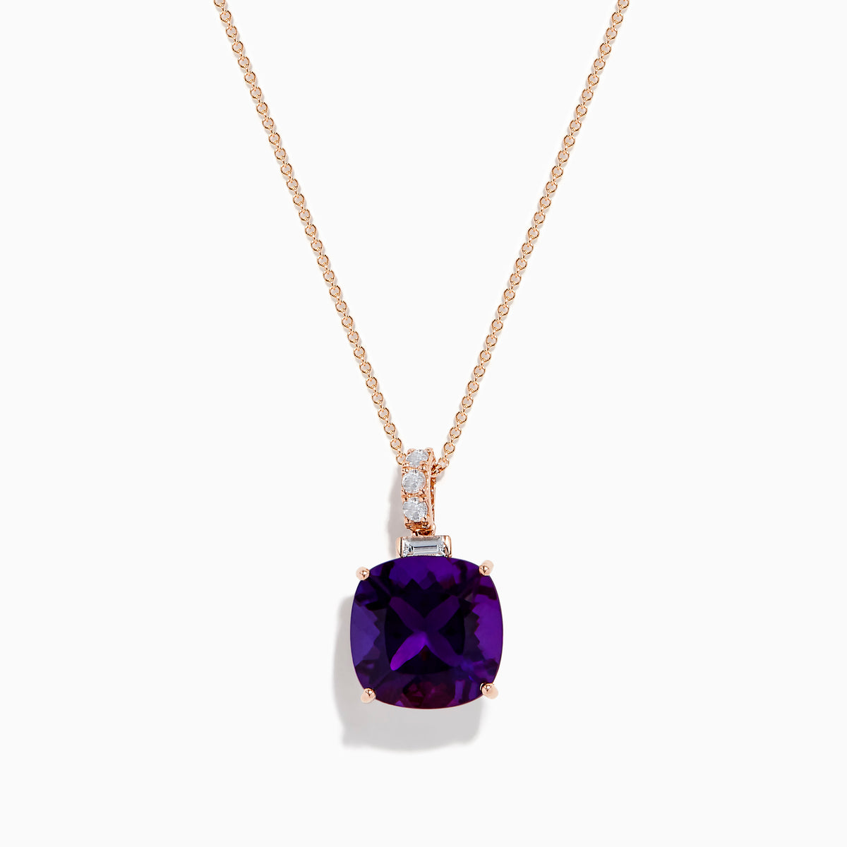The 14K Rose Gold Amethyst and White Sapphire Pendant features a square-cut deep purple amethyst with three round white sapphires above the main gem, displayed on a white background.