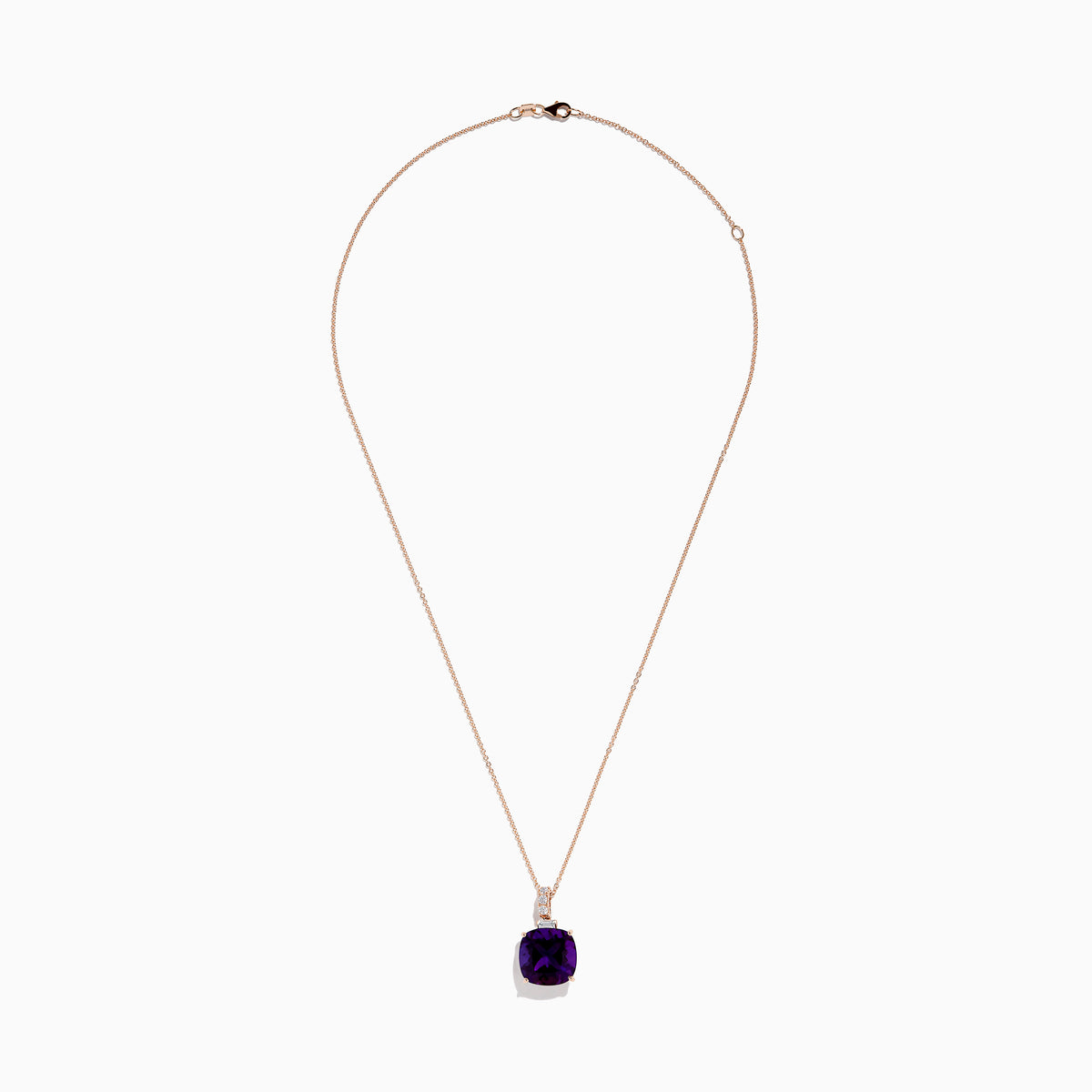 The 14K Rose Gold Amethyst and White Sapphire Pendant features a square-cut deep purple amethyst with three round white sapphires above the main gem, displayed on a white background.