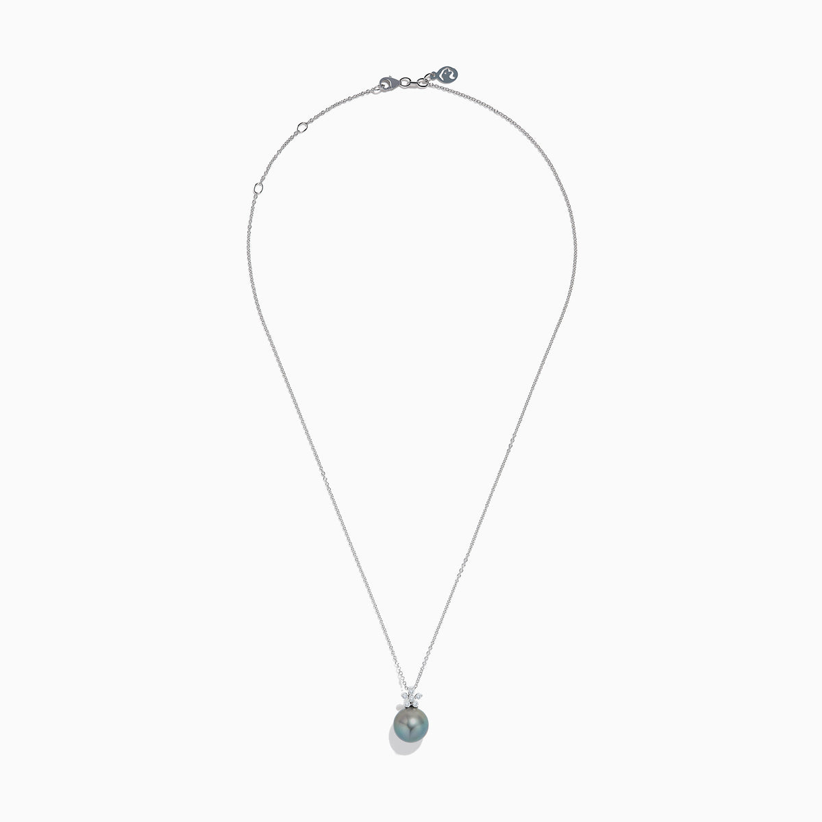 The 14K White Gold Tahitian Pearl and Diamond Pendant showcases a round Tahitian pearl with three sparkling diamonds above it, all set in lustrous white gold and displayed against a plain white background.