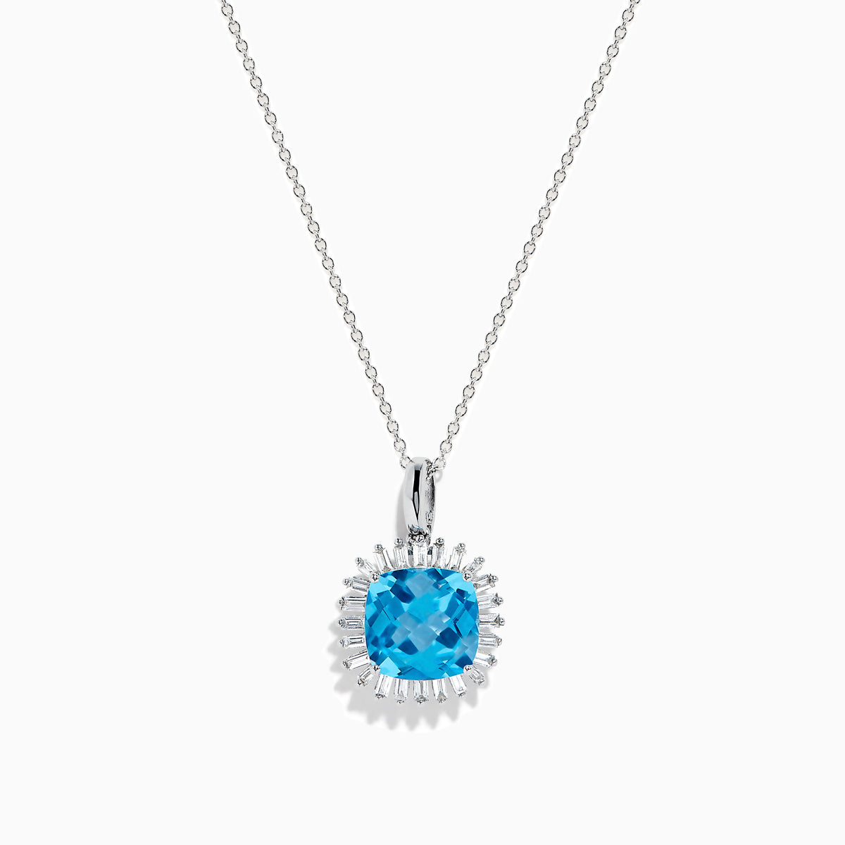 The 14K White Gold Blue Topaz and Diamond Pendant features a square-cut blue topaz accented by a halo of sparkling diamonds, all suspended from a delicate chain.