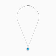 The 14K White Gold Blue Topaz and Diamond Pendant features a square-cut blue topaz accented by a halo of sparkling diamonds, all suspended from a delicate chain.