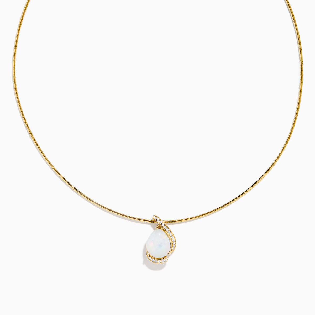 The Aurora 14K Yellow Gold Opal and Diamond Snake Chain features a teardrop opal pendant accented with a loop of small diamonds, displayed against a white background.
