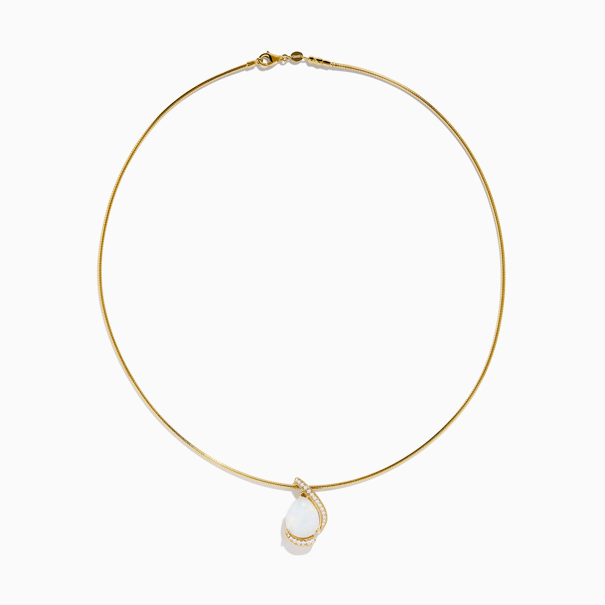 The Aurora 14K Yellow Gold Opal and Diamond Snake Chain features a teardrop opal pendant accented with a loop of small diamonds, displayed against a white background.