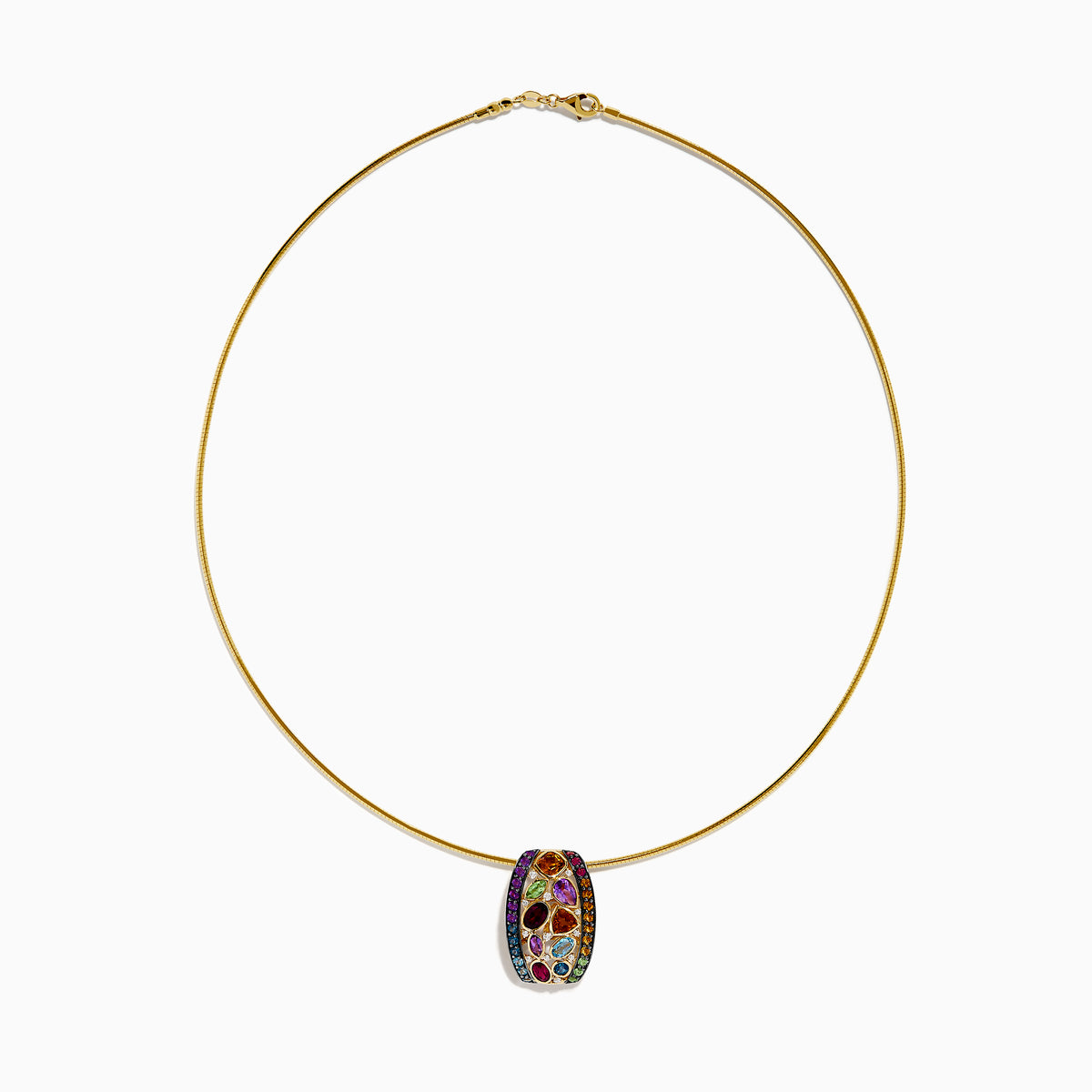 The Mosaic 14K Yellow Gold Multi Color Gemstone and Diamond Pendant features a thin gold chain with a round, barrel-shaped pendant set in a vibrant mosaic of red, purple, orange, green, and blue gemstones.