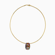 The Mosaic 14K Yellow Gold Multi Color Gemstone and Diamond Pendant features a thin gold chain with a round, barrel-shaped pendant set in a vibrant mosaic of red, purple, orange, green, and blue gemstones.