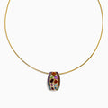 The Mosaic 14K Yellow Gold Multi Color Gemstone and Diamond Pendant features a thin gold chain with a round, barrel-shaped pendant set in a vibrant mosaic of red, purple, orange, green, and blue gemstones.
