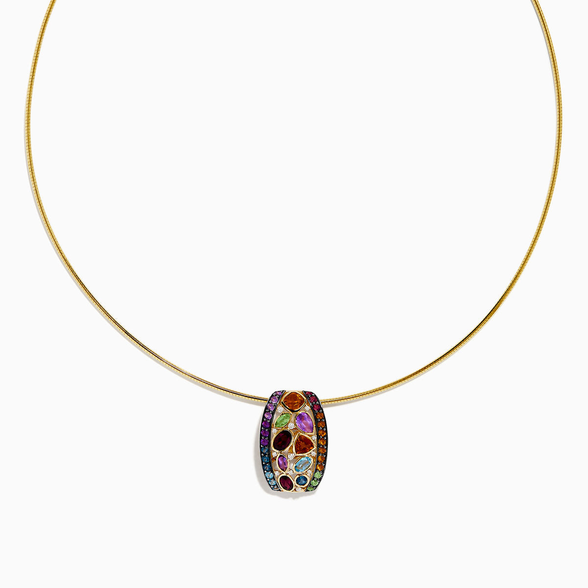The Mosaic 14K Yellow Gold Multi Color Gemstone and Diamond Pendant features a thin gold chain with a round, barrel-shaped pendant set in a vibrant mosaic of red, purple, orange, green, and blue gemstones.
