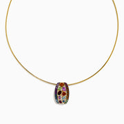The Mosaic 14K Yellow Gold Multi Color Gemstone and Diamond Pendant features a thin gold chain with a round, barrel-shaped pendant set in a vibrant mosaic of red, purple, orange, green, and blue gemstones.