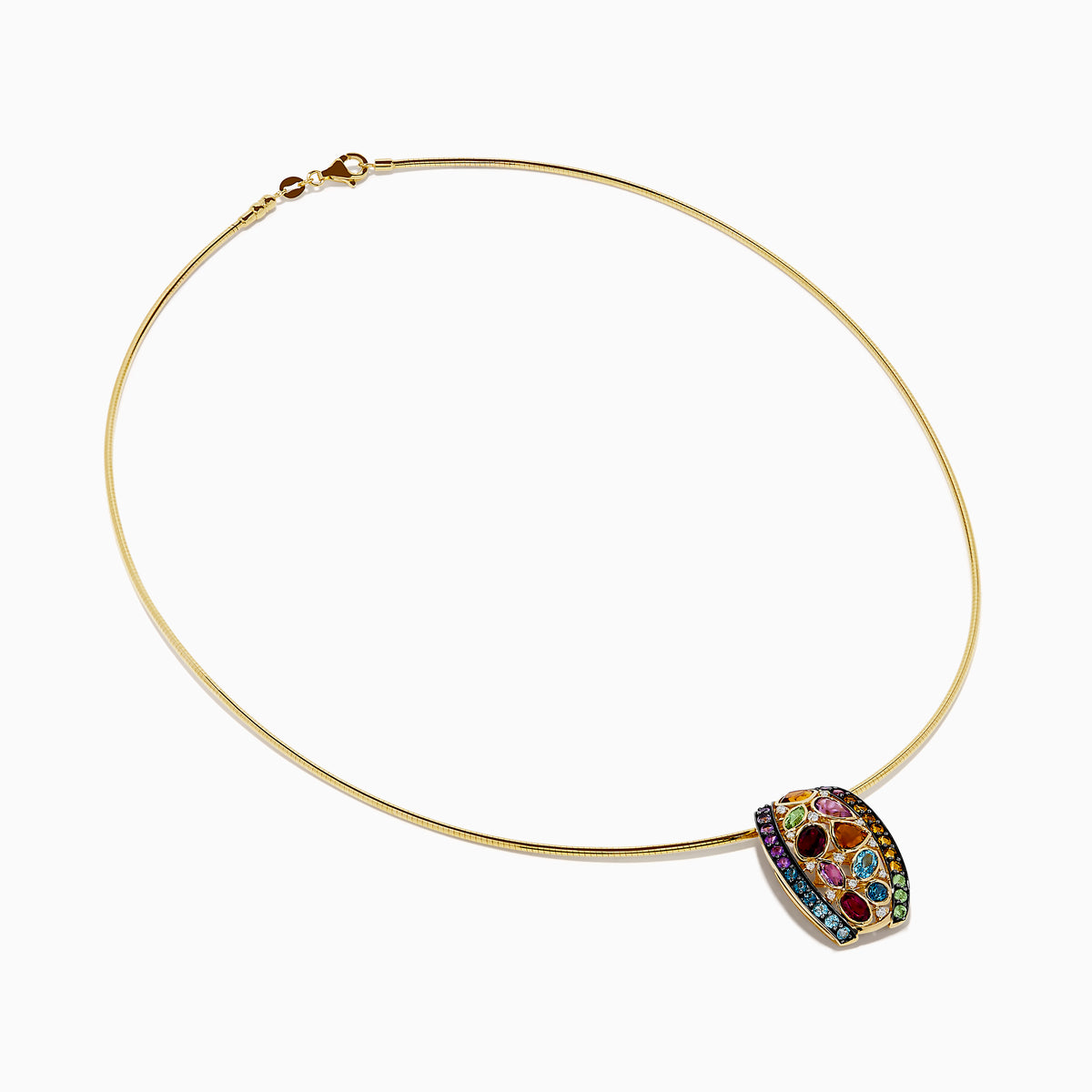 The Mosaic 14K Yellow Gold Multi Color Gemstone and Diamond Pendant features a thin gold chain with a round, barrel-shaped pendant set in a vibrant mosaic of red, purple, orange, green, and blue gemstones.