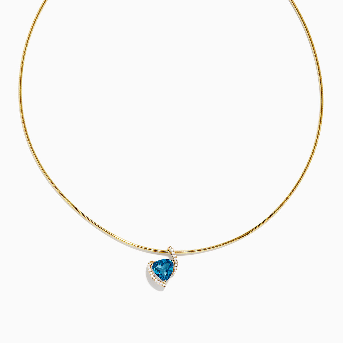 The Ocean Bleu 14K Yellow Gold Collar Necklace features a teardrop London Blue Topaz pendant surrounded by small white stones, beautifully displayed against a white background.