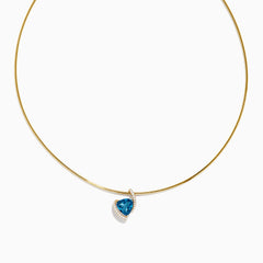 The Ocean Bleu 14K Yellow Gold Collar Necklace features a teardrop London Blue Topaz pendant surrounded by small white stones, beautifully displayed against a white background.