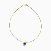 The Ocean Bleu 14K Yellow Gold Collar Necklace features a teardrop London Blue Topaz pendant surrounded by small white stones, beautifully displayed against a white background.