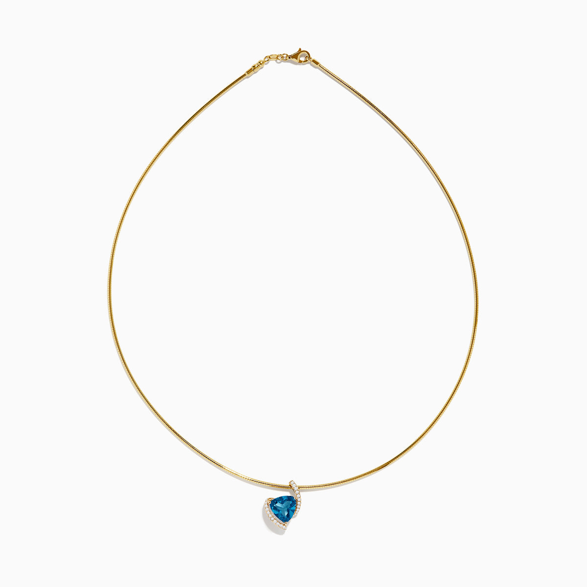 The Ocean Bleu 14K Yellow Gold Collar Necklace features a teardrop London Blue Topaz pendant surrounded by small white stones, beautifully displayed against a white background.