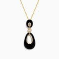 The Eclipse 14K Yellow Gold Onyx and Diamond Pendant features two linked onyx teardrops framed by sparkling diamonds, displayed on a yellow gold chain against a plain white background.
