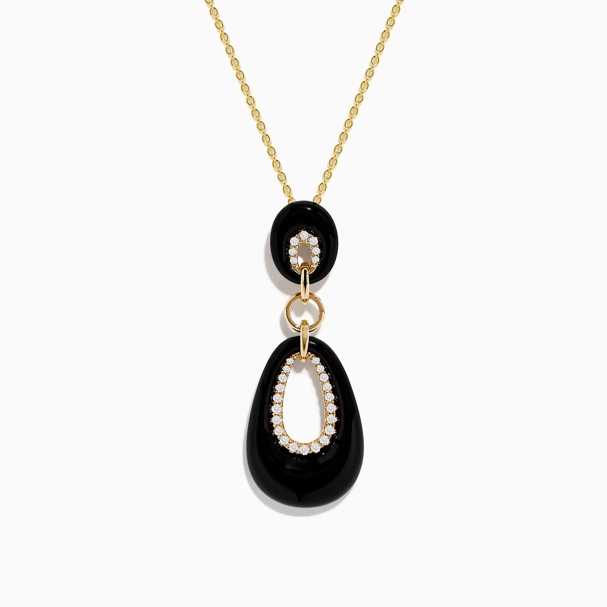 The Eclipse 14K Yellow Gold Onyx and Diamond Pendant features two linked onyx teardrops framed by sparkling diamonds, displayed on a yellow gold chain against a plain white background.