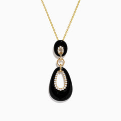 The Eclipse 14K Yellow Gold Onyx and Diamond Pendant features two linked onyx teardrops framed by sparkling diamonds, displayed on a yellow gold chain against a plain white background.