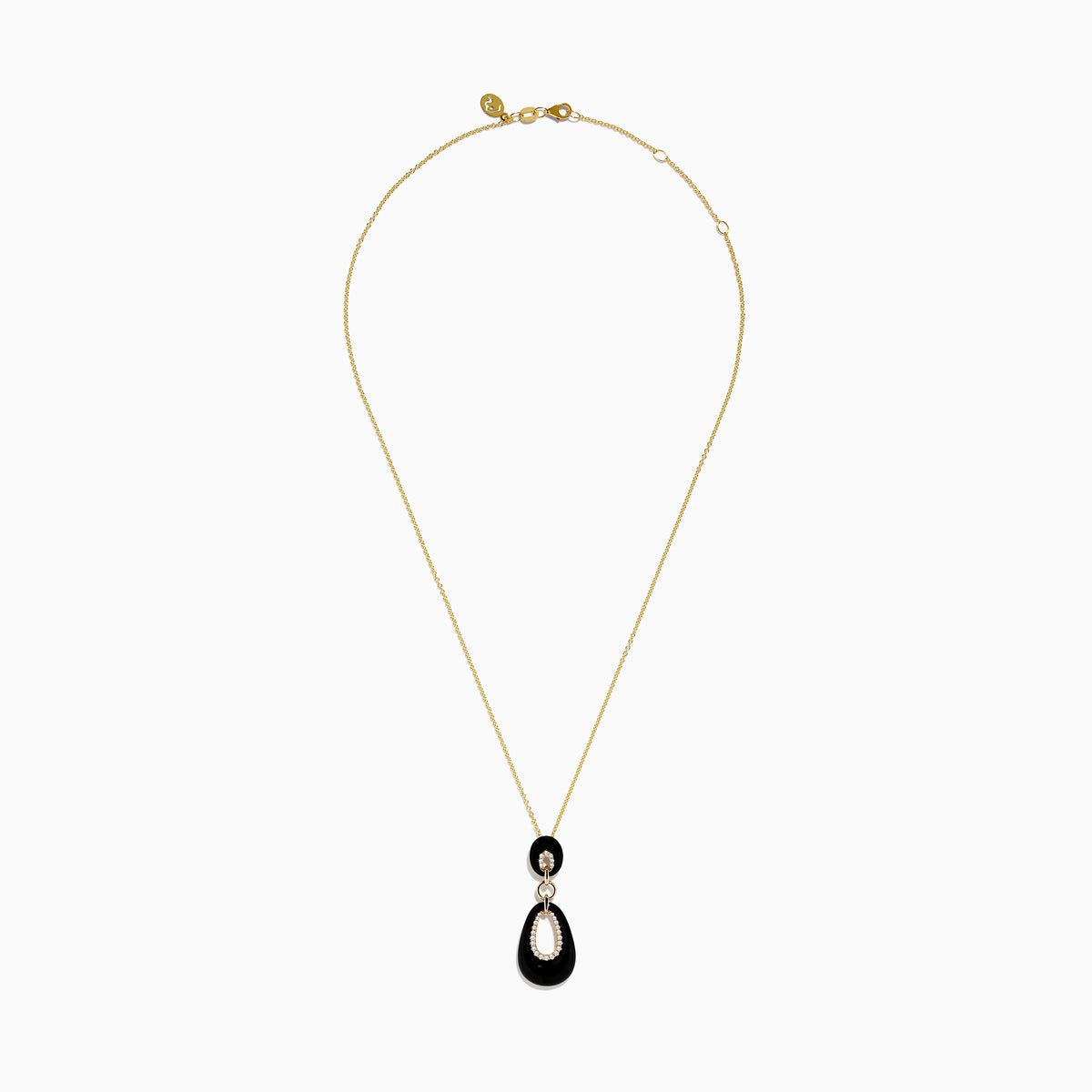 The Eclipse 14K Yellow Gold Onyx and Diamond Pendant features two linked onyx teardrops framed by sparkling diamonds, displayed on a yellow gold chain against a plain white background.