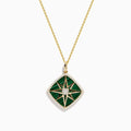 A 14K yellow gold chain necklace featuring the 14K Yellow Gold Malachite and Diamond Compass Pendant, designed with a square green malachite center, diamond accents, and starburst details. Photographed on a plain white background.