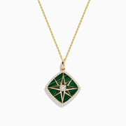A 14K yellow gold chain necklace featuring the 14K Yellow Gold Malachite and Diamond Compass Pendant, designed with a square green malachite center, diamond accents, and starburst details. Photographed on a plain white background.