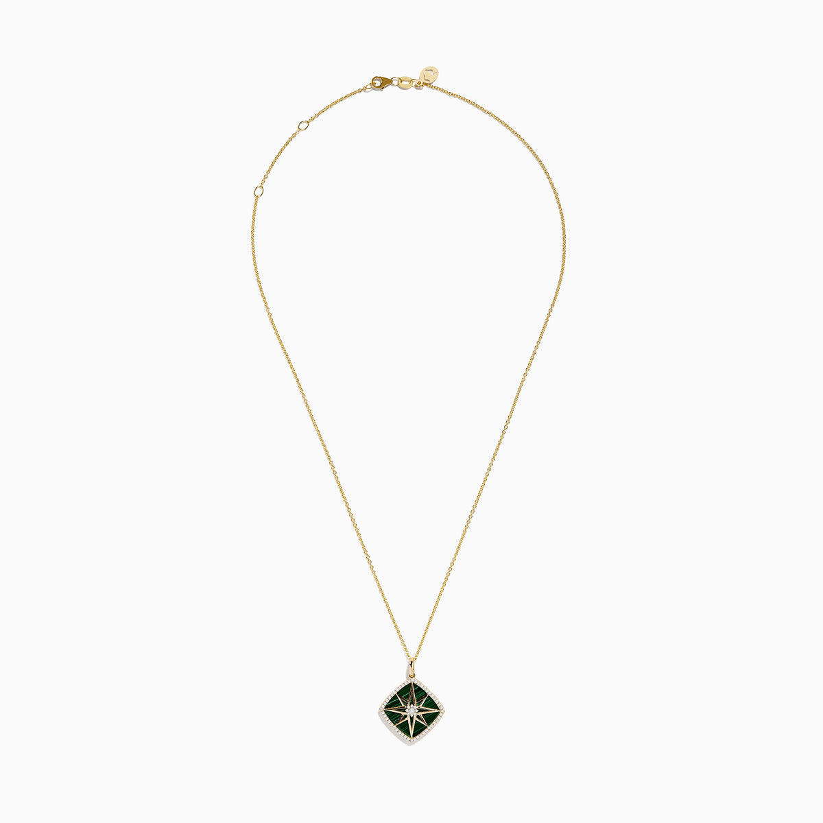 A 14K yellow gold chain necklace featuring the 14K Yellow Gold Malachite and Diamond Compass Pendant, designed with a square green malachite center, diamond accents, and starburst details. Photographed on a plain white background.