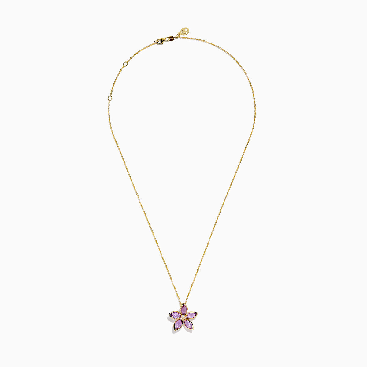 The 14K Yellow Gold Amethyst and Diamond Flower Pendant features five amethyst petals and a sparkling diamond cluster center on a yellow gold chain.