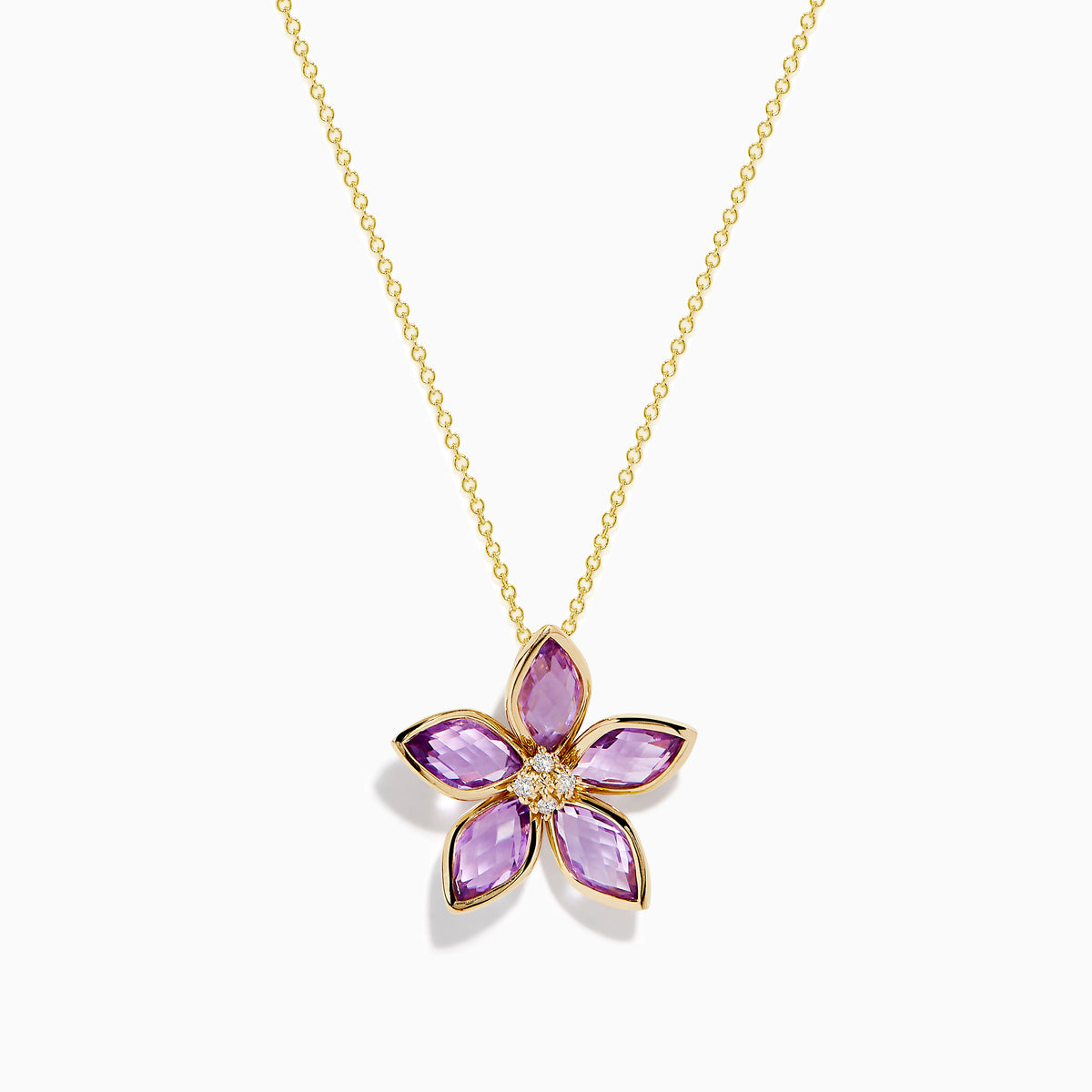 The 14K Yellow Gold Amethyst and Diamond Flower Pendant features five amethyst petals and a sparkling diamond cluster center on a yellow gold chain.