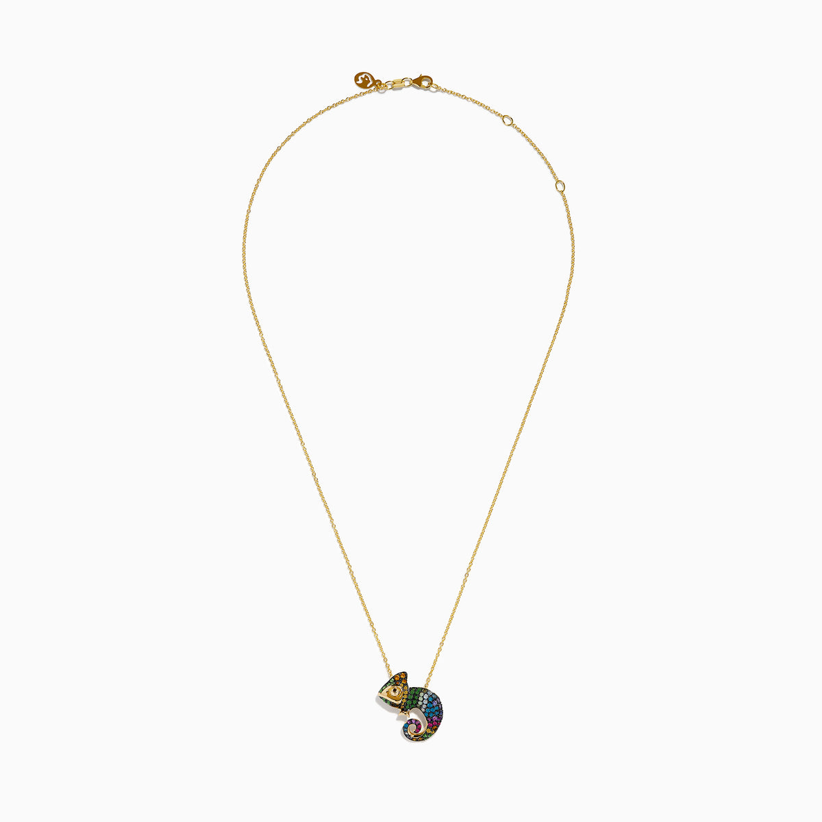 The Safari 14K Yellow Gold Multi Color Gemstone and Black Diamond Chameleon Pendant features a curled tail and intricate details, creating a vibrant, eye-catching statement piece.