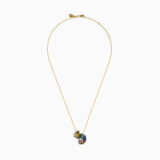 The Safari 14K Yellow Gold Multi Color Gemstone and Black Diamond Chameleon Pendant features a curled tail and intricate details, creating a vibrant, eye-catching statement piece.