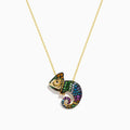 The Safari 14K Yellow Gold Multi Color Gemstone and Black Diamond Chameleon Pendant features a curled tail and intricate details, creating a vibrant, eye-catching statement piece.