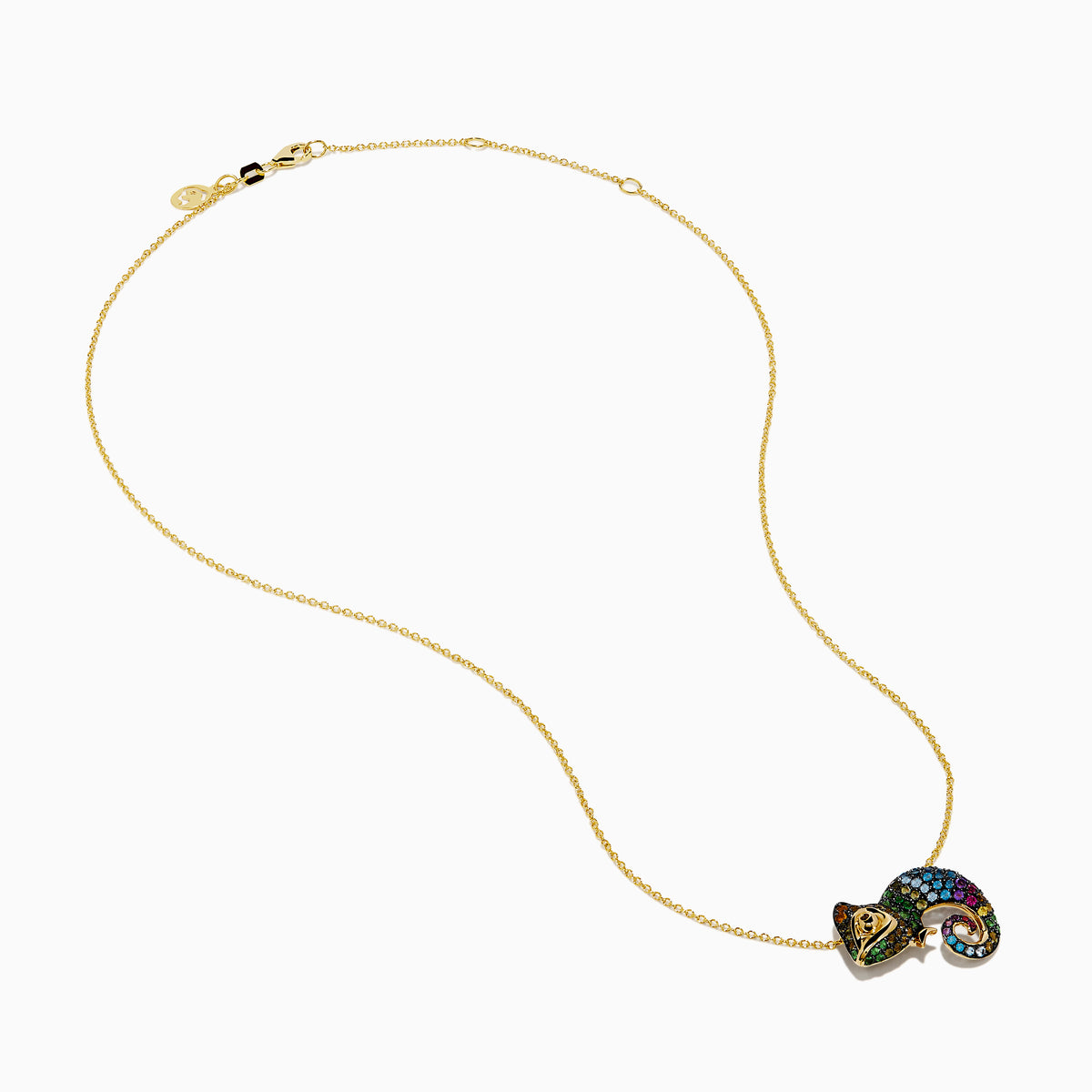 The Safari 14K Yellow Gold Multi Color Gemstone and Black Diamond Chameleon Pendant features a curled tail and intricate details, creating a vibrant, eye-catching statement piece.