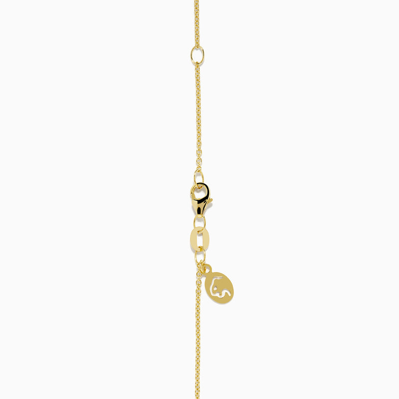 The 14K Yellow Gold Peridot and Diamond Pendant features four peridots in a floral design around a central diamond, presented on a white background.