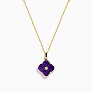 The 14K Yellow Gold Amethyst and Diamond Pendant features a four-petal flower design with deep purple amethysts and a small central diamond on a yellow gold chain.