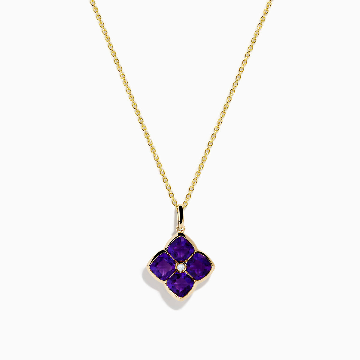 The 14K Yellow Gold Amethyst and Diamond Pendant features a four-petal flower design with deep purple amethysts and a small central diamond on a yellow gold chain.