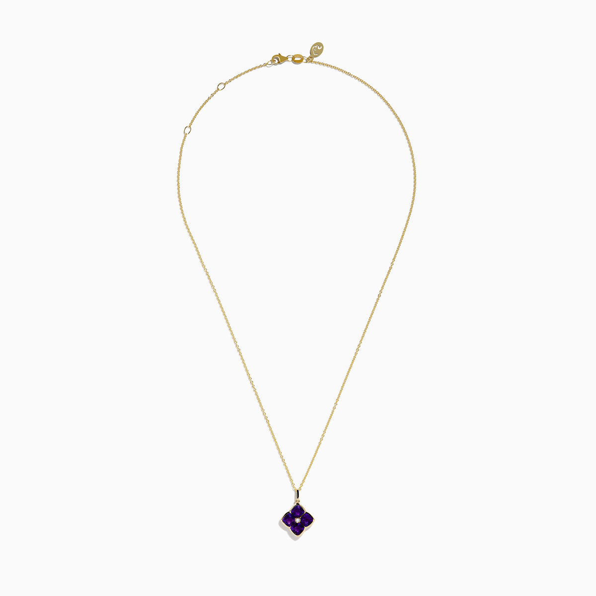 The 14K Yellow Gold Amethyst and Diamond Pendant features a four-petal flower design with deep purple amethysts and a small central diamond on a yellow gold chain.