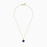 The 14K Yellow Gold Amethyst and Diamond Pendant features a four-petal flower design with deep purple amethysts and a small central diamond on a yellow gold chain.