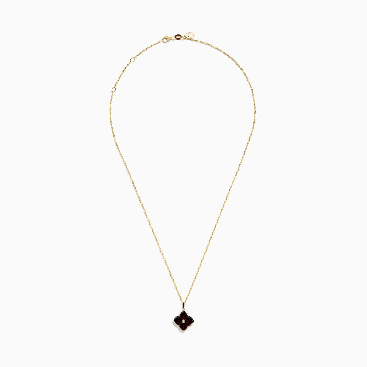The 14K Yellow Gold Garnet and Diamond Pendant features a four-petal flower-shaped garnet with deep red gemstones outlined in yellow gold and a small clear diamond at the center, shown on a white background.
