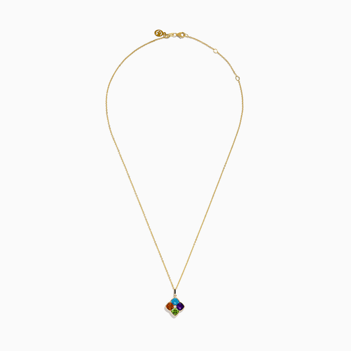 14K yellow gold pendant features four multicolor gemstones—blue, orange, green, and purple—in a clover-style design with diamond accents, set in an elegant gold frame.