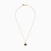 14K yellow gold pendant features four multicolor gemstones—blue, orange, green, and purple—in a clover-style design with diamond accents, set in an elegant gold frame.