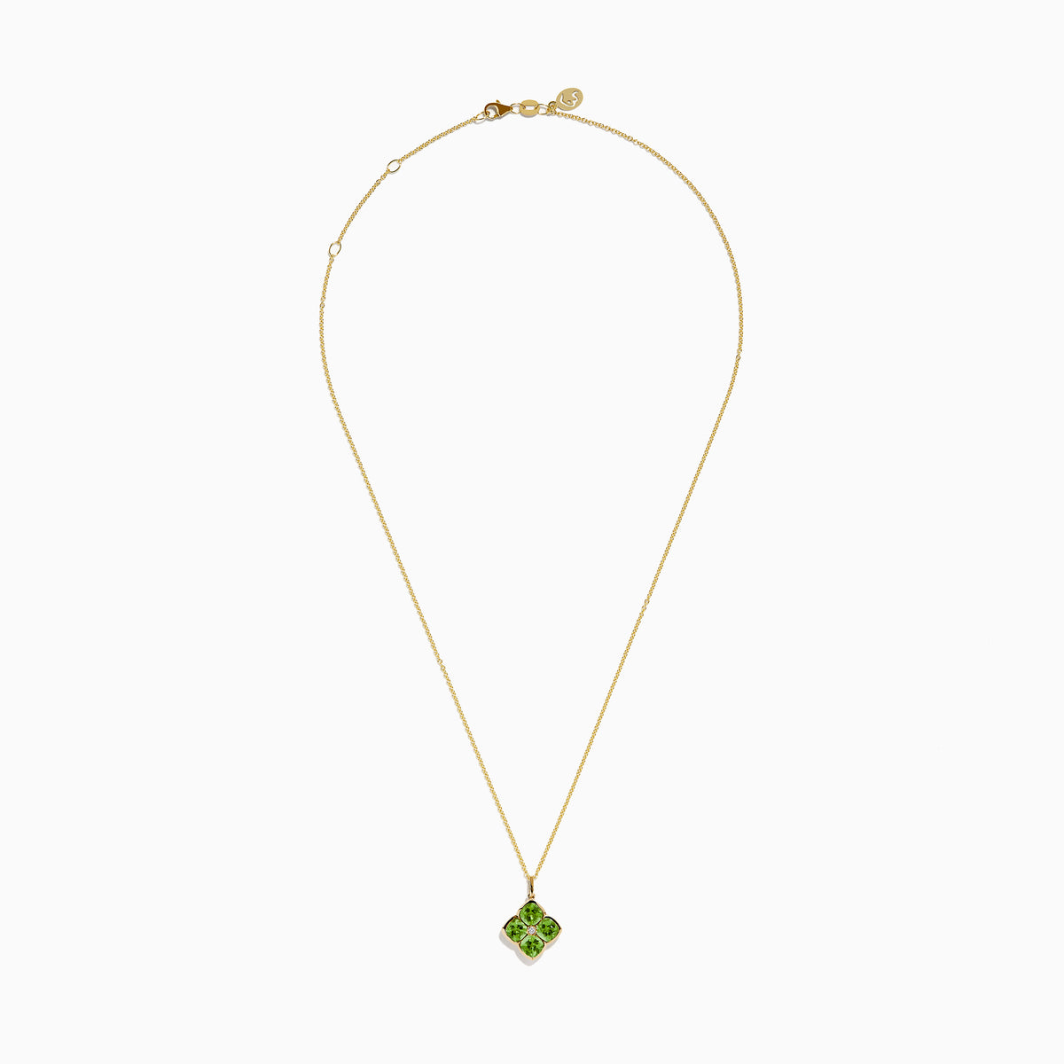 The 14K Yellow Gold Peridot and Diamond Pendant features four peridots in a floral design around a central diamond, presented on a white background.