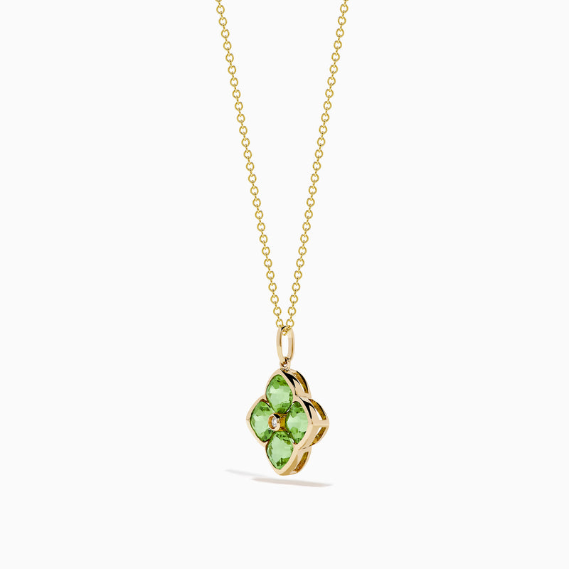 The 14K Yellow Gold Peridot and Diamond Pendant features four peridots in a floral design around a central diamond, presented on a white background.