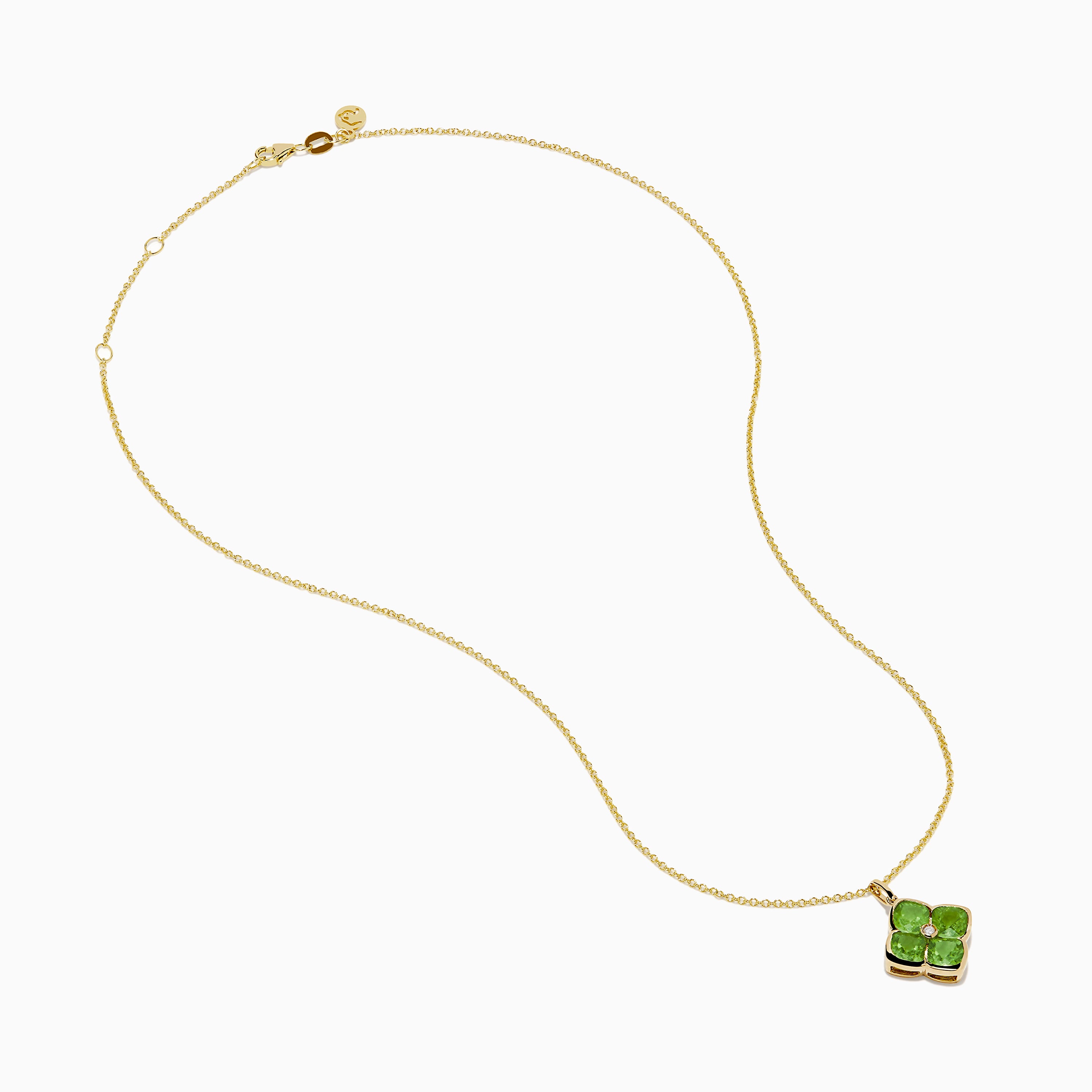 The 14K Yellow Gold Peridot and Diamond Pendant features four peridots in a floral design around a central diamond, presented on a white background.